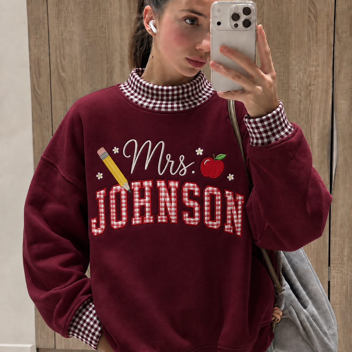 Personalized Gingham Teacher Embroidered Sweatshirt, Custom Gingham Crewneck