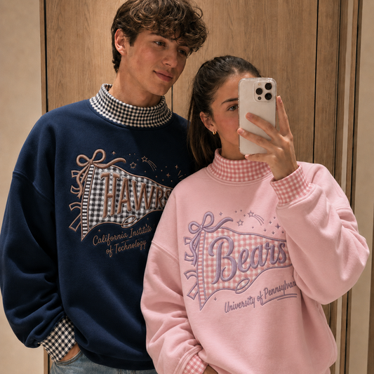 Personalized Mascot Gingham Mock Neck Sweatshirt, Custom College Spirit Pullover