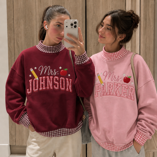 Personalized Gingham Teacher Embroidered Sweatshirt, Custom Gingham Crewneck
