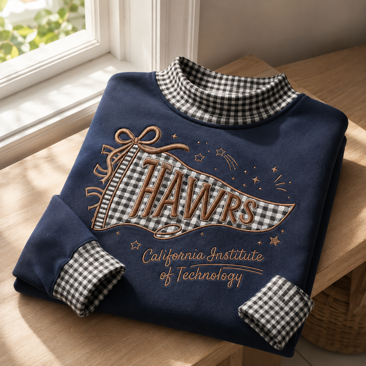 Personalized Mascot Gingham Mock Neck Sweatshirt, Custom College Spirit Pullover