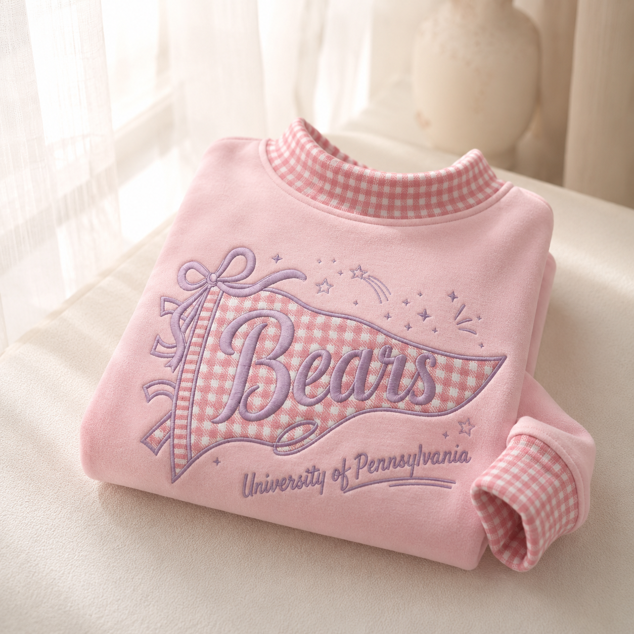 Personalized Mascot Gingham Mock Neck Sweatshirt, Custom College Spirit Pullover