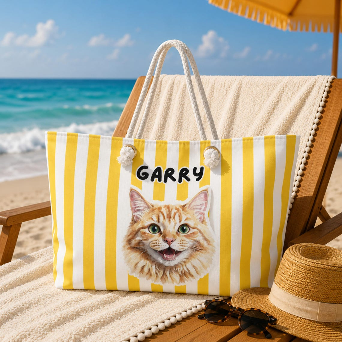 Personalized Cabana Stripe Beach Tote Bag, Custom Dog & Cat Photo Beach Bag with Name