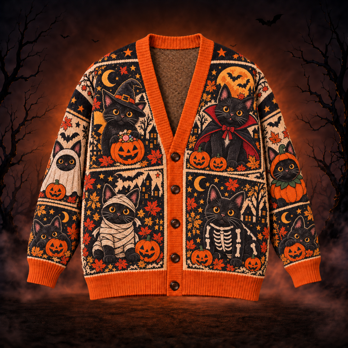 Halloween Custom Black Cats Spooky Season Ugly Cardigan