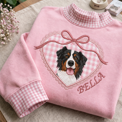 Embroidered Custom Pet Portrait Sweatshirt, Dog Photo Applique Shirt, Personalized Locket Heart Coquette Shirt