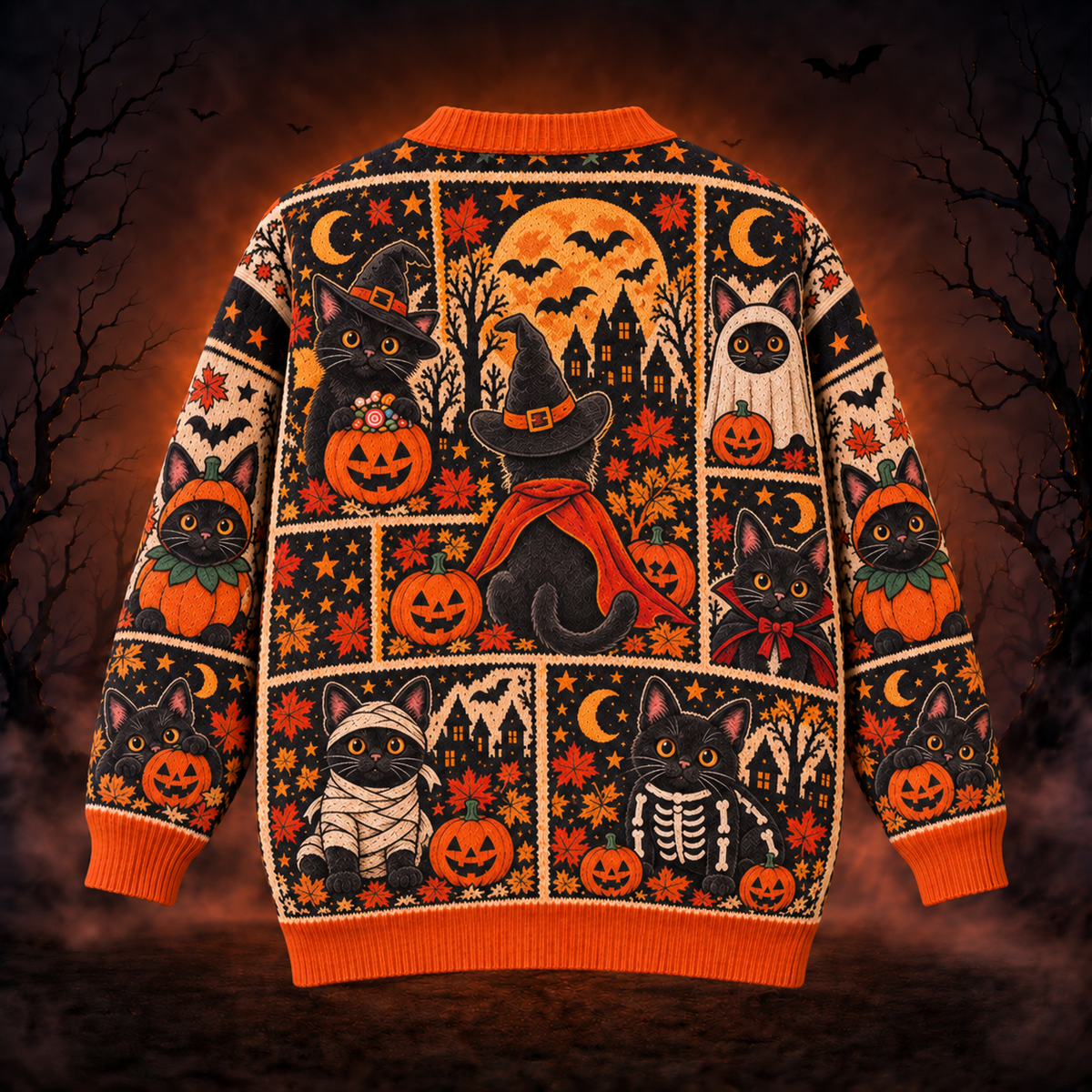 Halloween Custom Black Cats Spooky Season Ugly Cardigan