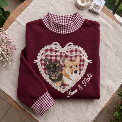 Embroidered Custom Pet Portrait Sweatshirt, Dog Photo Applique Shirt, Personalized Locket Heart Coquette Shirt