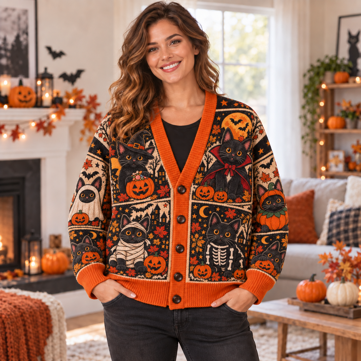 Halloween Custom Black Cats Spooky Season Ugly Cardigan