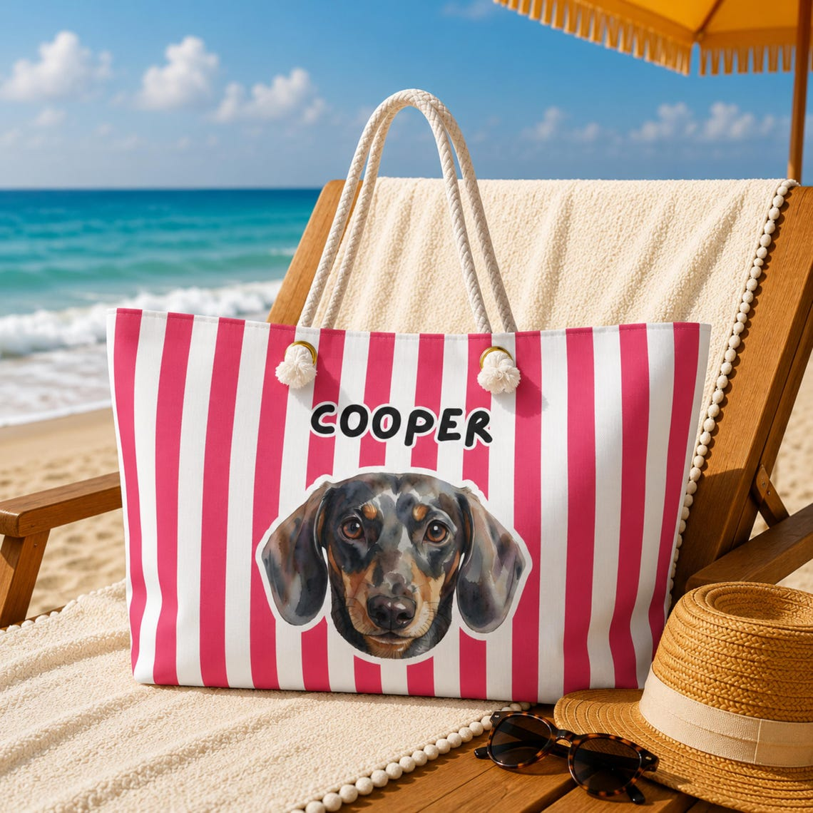 Personalized Cabana Stripe Beach Tote Bag, Custom Dog & Cat Photo Beach Bag with Name