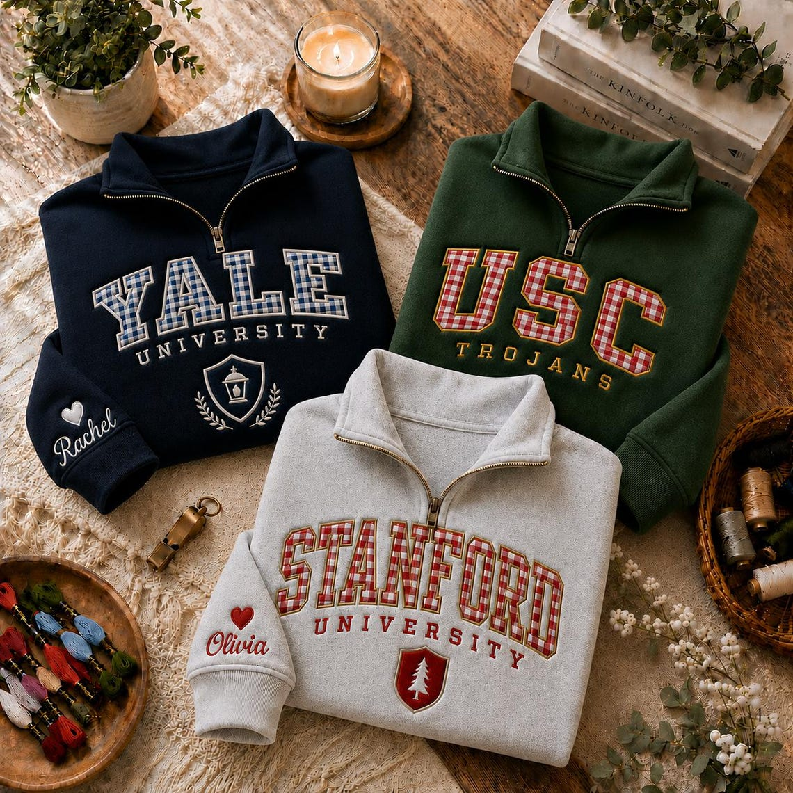 Custom Embroidered Gingham College Quarter Zip Sweatshirt, Campus Apparel Game Day Varsity
