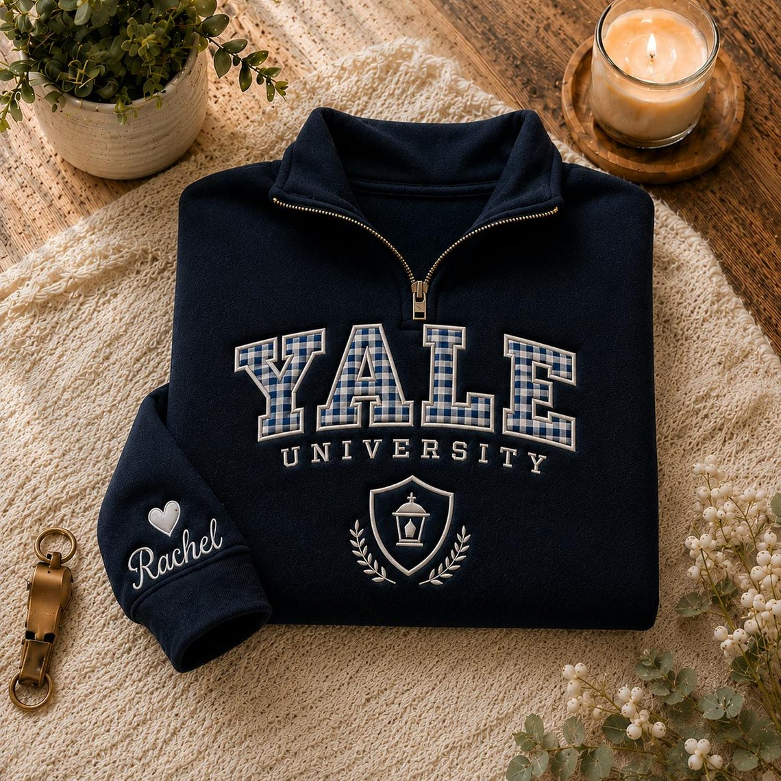 Custom Embroidered Gingham College Quarter Zip Sweatshirt, Campus Apparel Game Day Varsity
