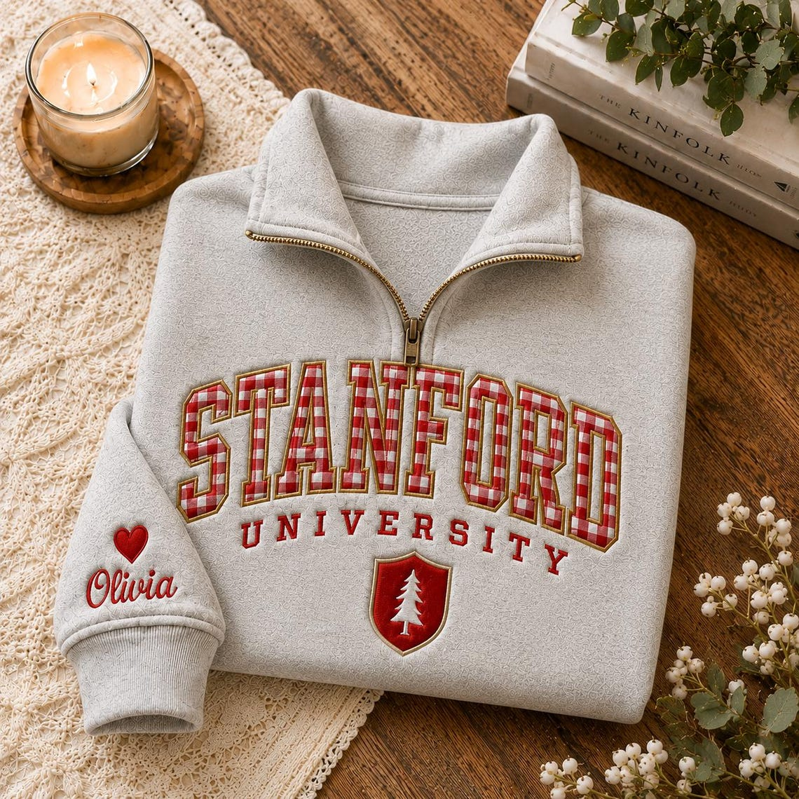 Custom Embroidered Gingham College Quarter Zip Sweatshirt, Campus Apparel Game Day Varsity
