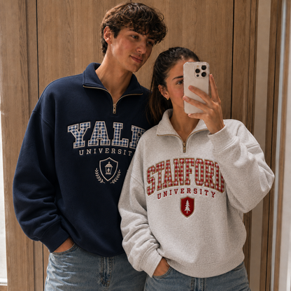 Custom Embroidered Gingham College Quarter Zip Sweatshirt, Campus Apparel Game Day Varsity