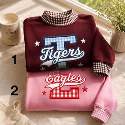 Personalized Gingham Mock Neck Sweatshirt, Custom University Name Applique Pullover