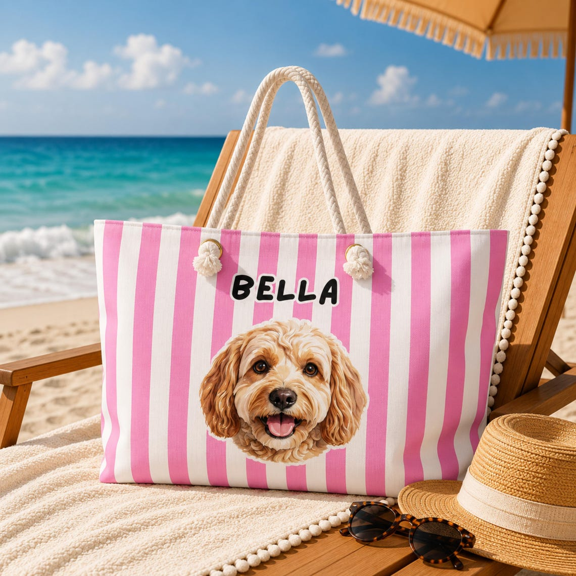 Personalized Cabana Stripe Beach Tote Bag, Custom Dog & Cat Photo Beach Bag with Name