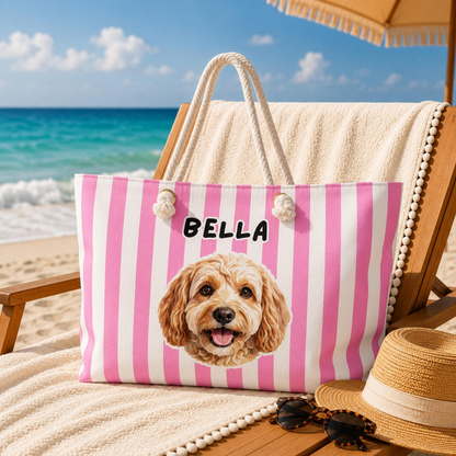 Personalized Cabana Stripe Beach Tote Bag, Custom Dog & Cat Photo Beach Bag with Name