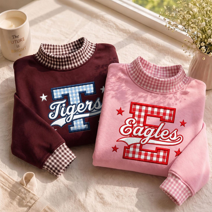 Personalized Gingham Mock Neck Sweatshirt, Custom University Name Applique Pullover