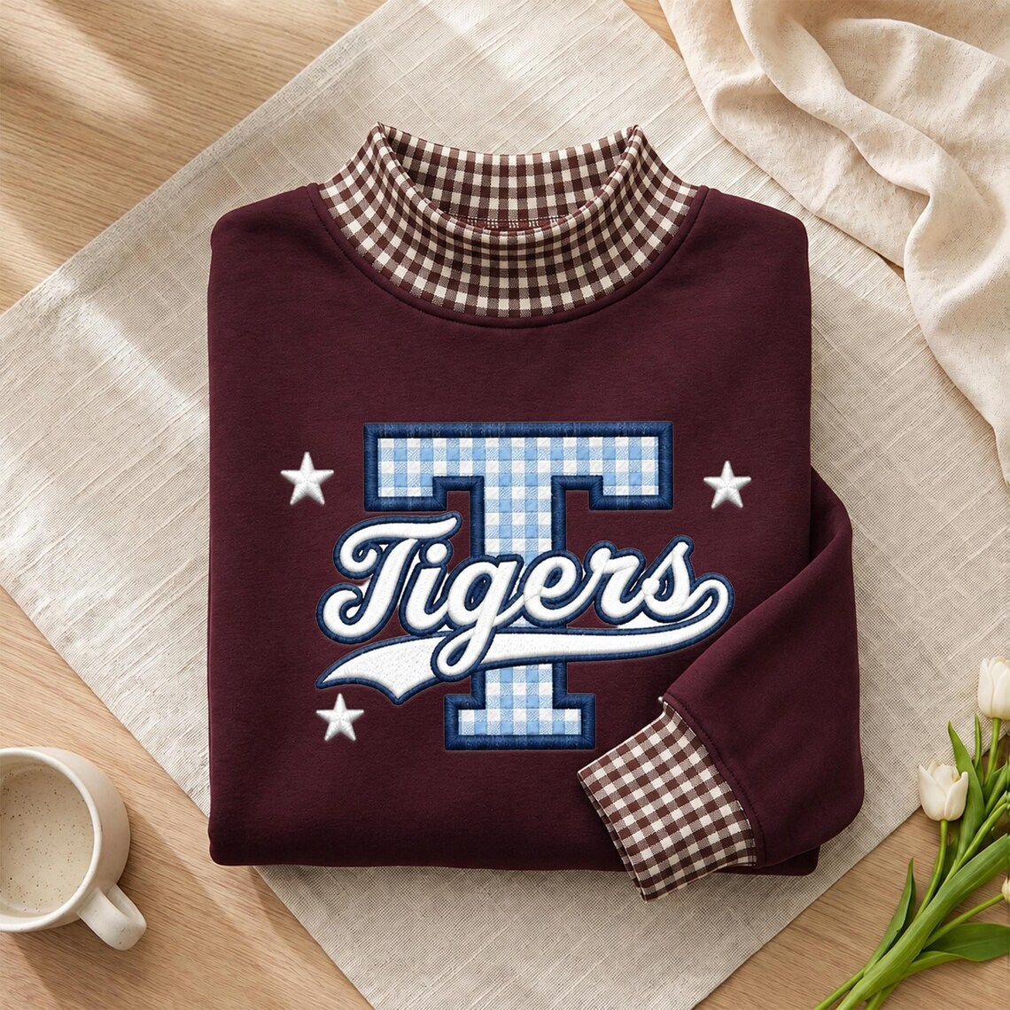 Personalized Gingham Mock Neck Sweatshirt, Custom University Name Applique Pullover