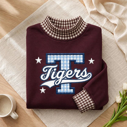 Personalized Gingham Mock Neck Sweatshirt, Custom University Name Applique Pullover