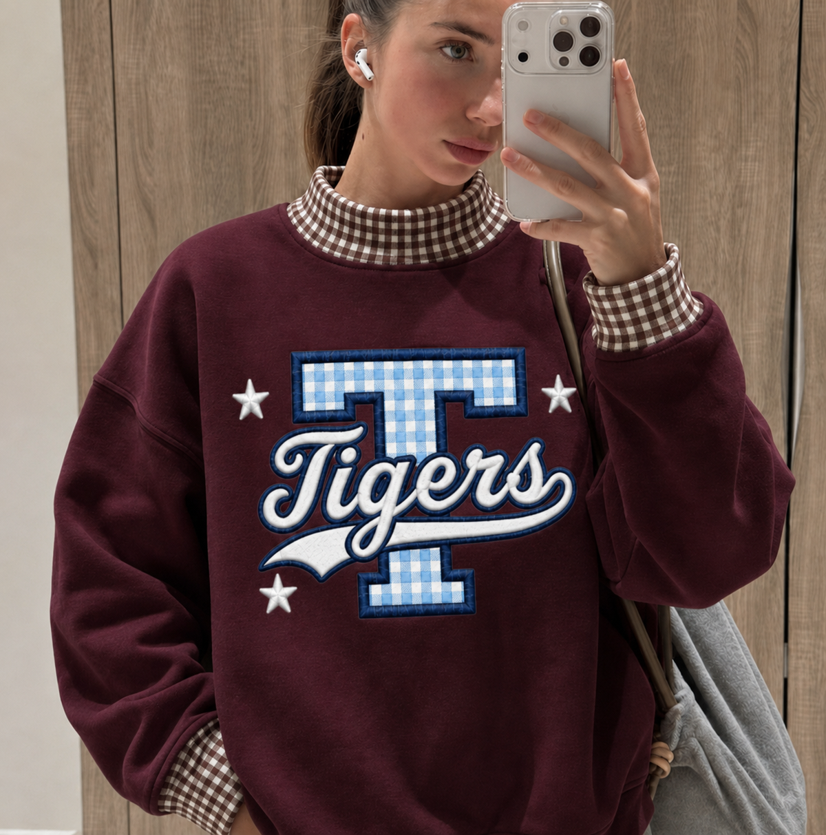 Personalized Gingham Mock Neck Sweatshirt, Custom University Name Applique Pullover