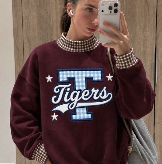 Personalized Gingham Mock Neck Sweatshirt, Custom University Name Applique Pullover
