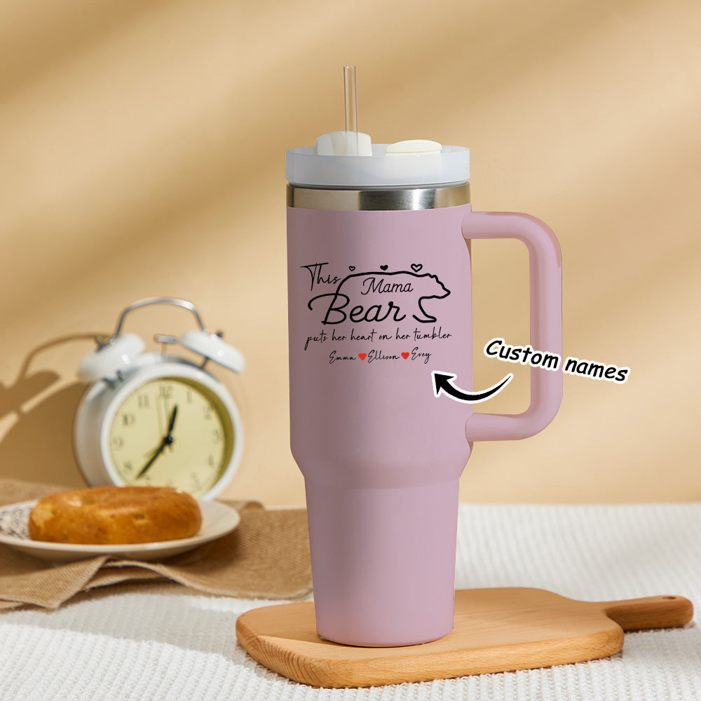 Mother's Day Mama Bear Personalized Text 40oz Insulated Mug with Handle and Straw Stainless Steel Custom Travel Cup Gift for Family Friends Couples