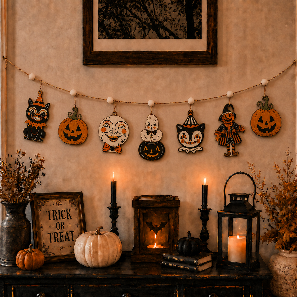 Retro Halloween Faces Wooden Garland, Black Cat Pumpkin Ghost Clown and Scarecrow