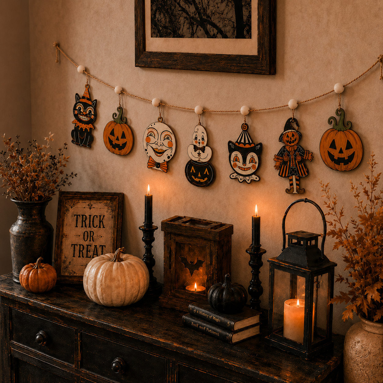 Retro Halloween Faces Wooden Garland, Black Cat Pumpkin Ghost Clown and Scarecrow
