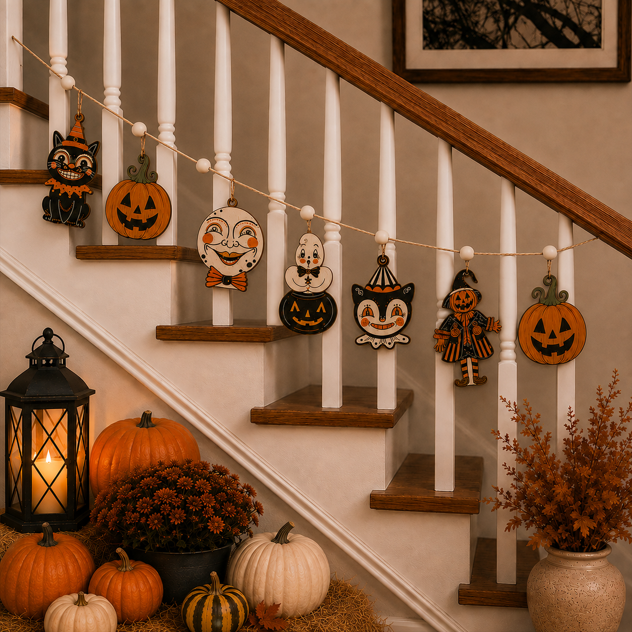 Retro Halloween Faces Wooden Garland, Black Cat Pumpkin Ghost Clown and Scarecrow