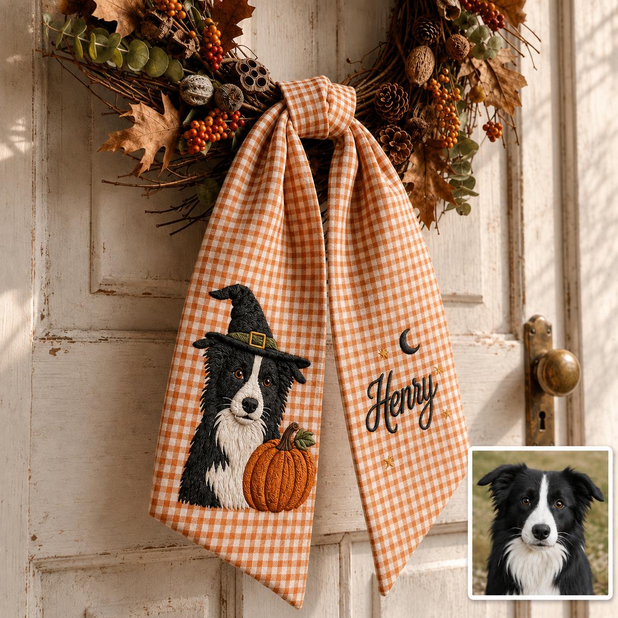 Embroidered Custom Pet's Photo & Name Pumpkin Wreath Sash