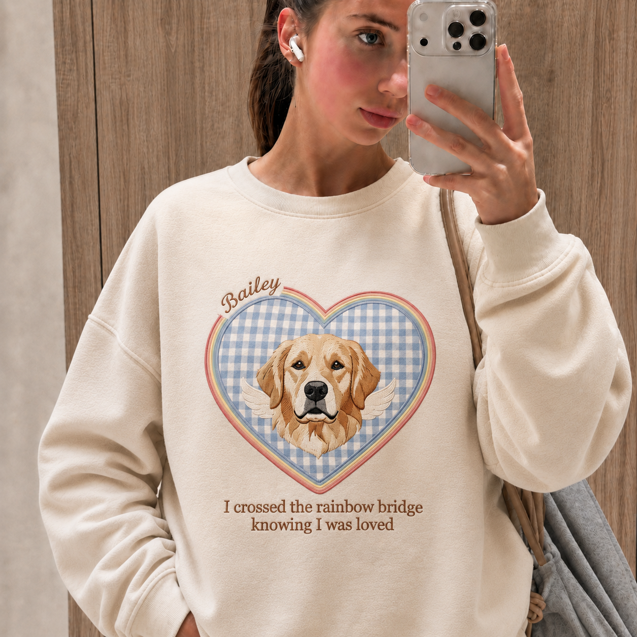 Custom Pet Memorial Embroidered Sweatshirt, Rainbow Bridge Dog Cat Portrait Crewneck