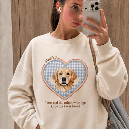 Custom Pet Memorial Embroidered Sweatshirt, Rainbow Bridge Dog Cat Portrait Crewneck