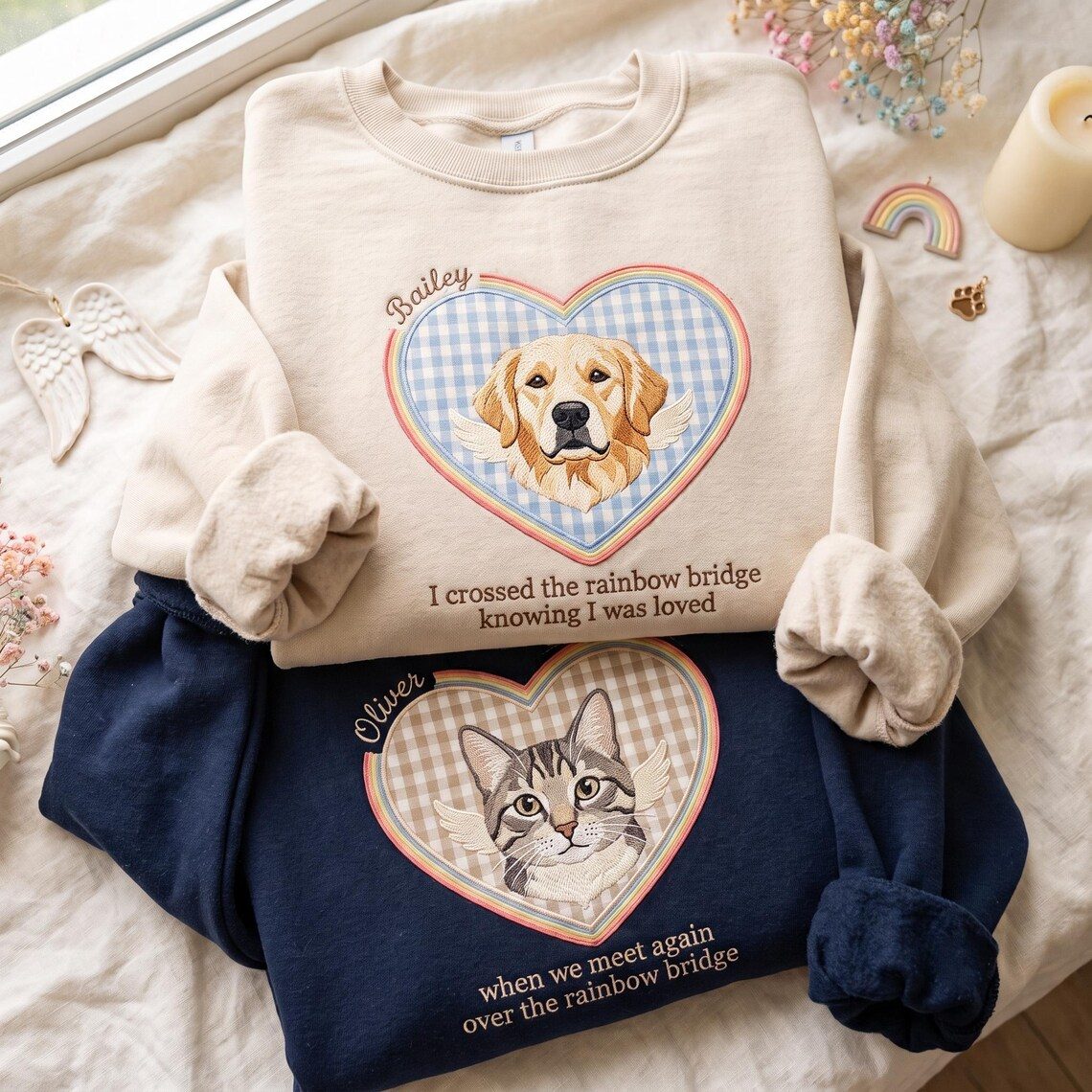 Custom Pet Memorial Embroidered Sweatshirt, Rainbow Bridge Dog Cat Portrait Crewneck