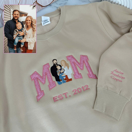 Mother's Day Personalized Embroidered Family Photo Glitter Hoodie Sweatshirt T-Shirt