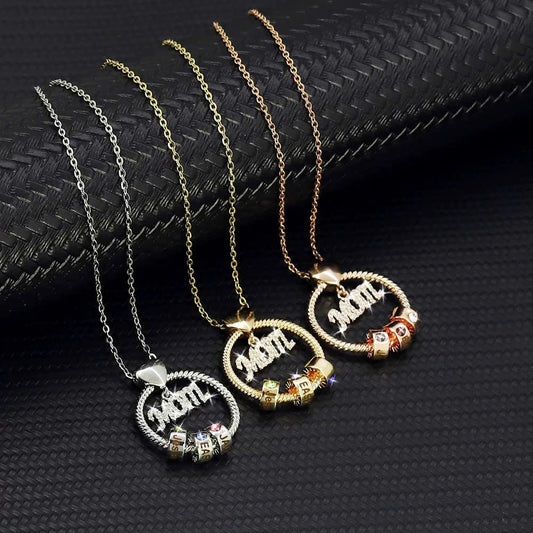 Mom with Kids Name Engraved Bead Necklace