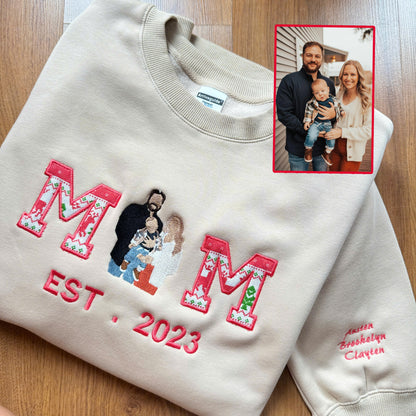 Christmas Embroidered Family Photo Custom Text Hoodie Sweatshirt T-Shirt