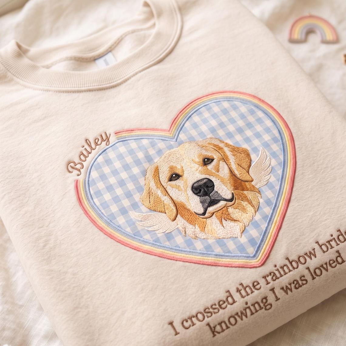 Custom Pet Memorial Embroidered Sweatshirt, Rainbow Bridge Dog Cat Portrait Crewneck