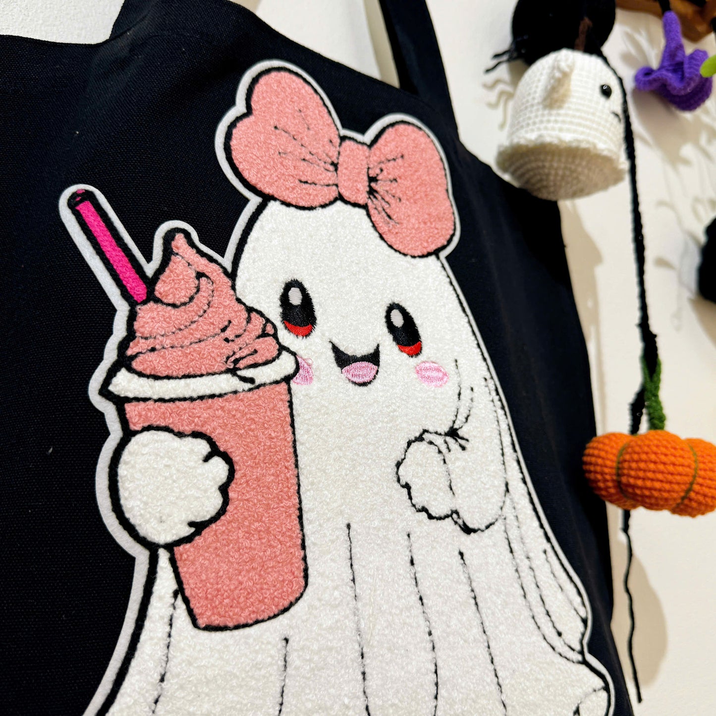 The Cute Ghost Halloween Embroidery Patch Tote Bag, Trick or Treat Totes, Halloween Bags, Spooky Season