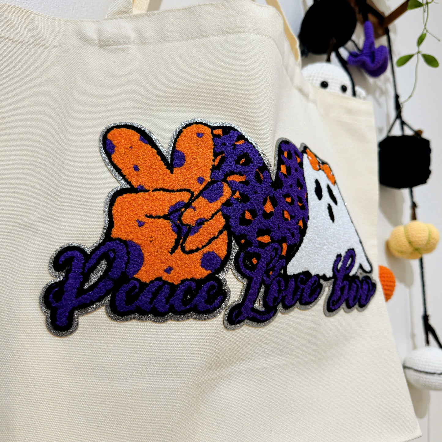 Peace Love Boo Halloween Embroidery Patch Tote Bag, Trick or Treat Totes, Halloween Bags, Spooky Season