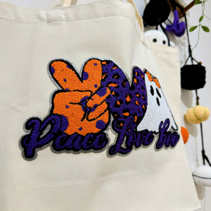 Peace Love Boo Halloween Embroidery Patch Tote Bag, Trick or Treat Totes, Halloween Bags, Spooky Season