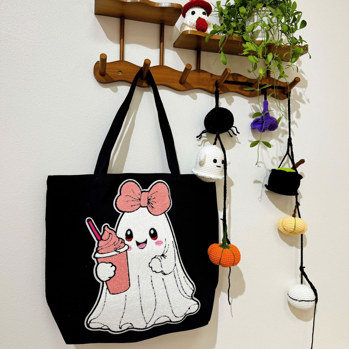 The Cute Ghost Halloween Embroidery Patch Tote Bag, Trick or Treat Totes, Halloween Bags, Spooky Season
