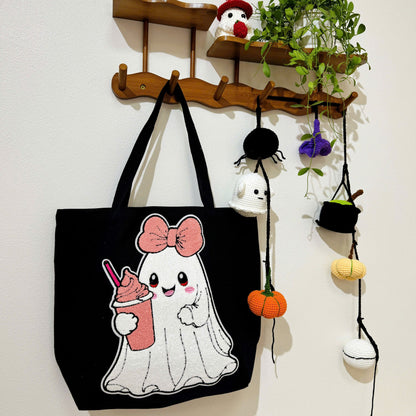 The Cute Ghost Halloween Embroidery Patch Tote Bag, Trick or Treat Totes, Halloween Bags, Spooky Season