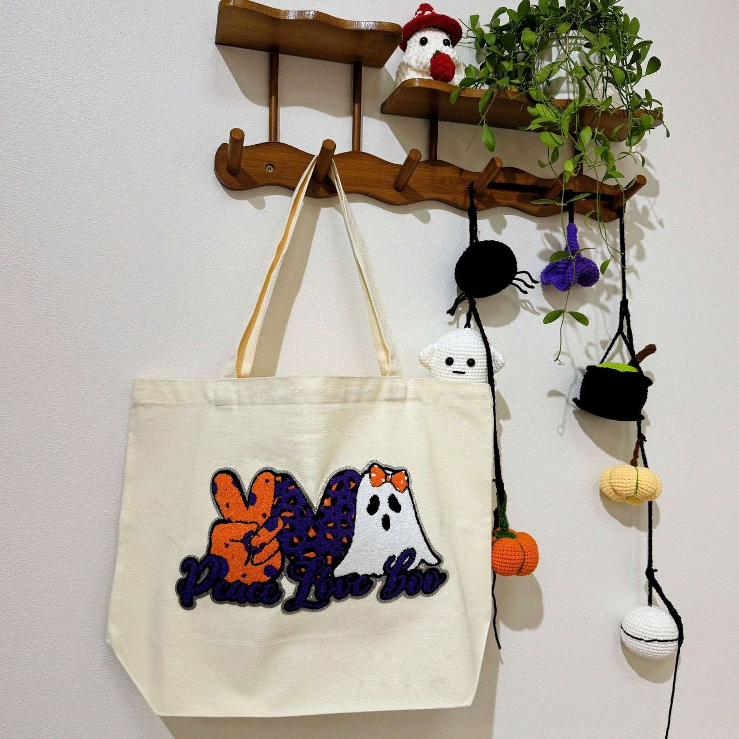 Peace Love Boo Halloween Embroidery Patch Tote Bag, Trick or Treat Totes, Halloween Bags, Spooky Season