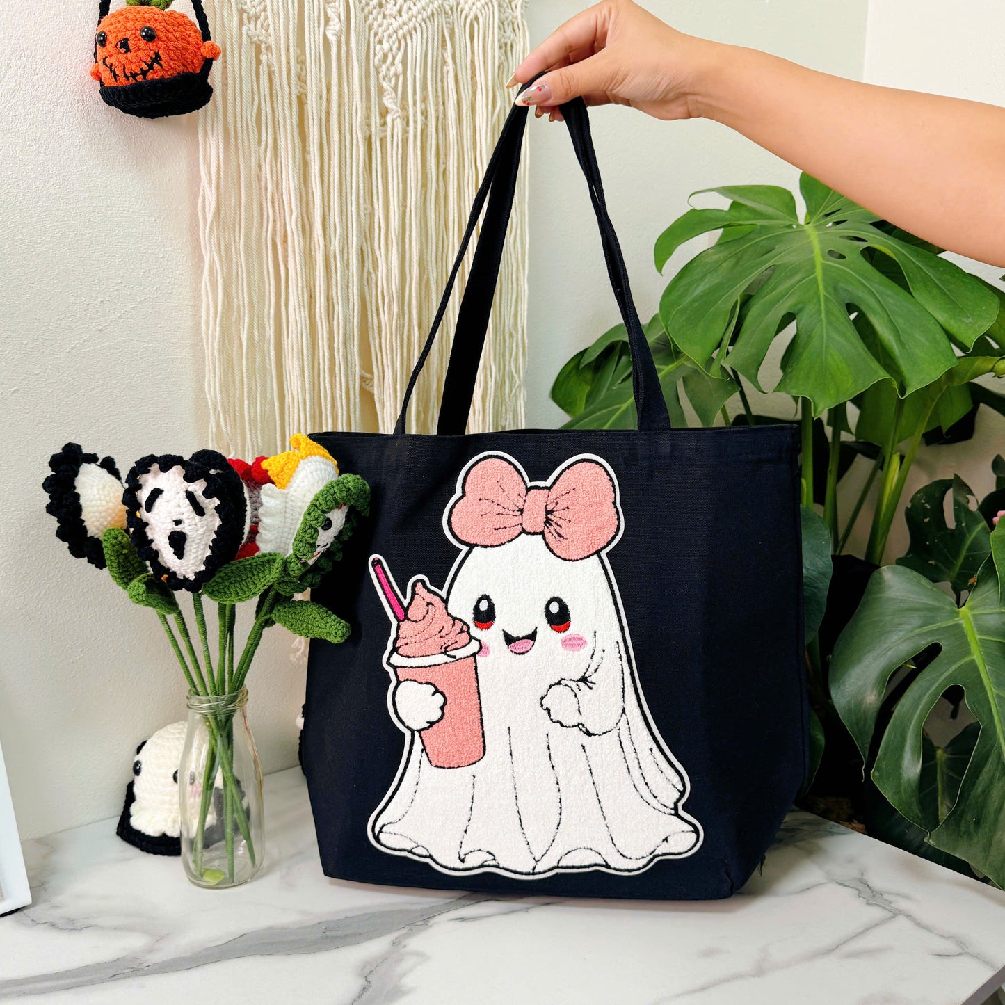 The Cute Ghost Halloween Embroidery Patch Tote Bag, Trick or Treat Totes, Halloween Bags, Spooky Season