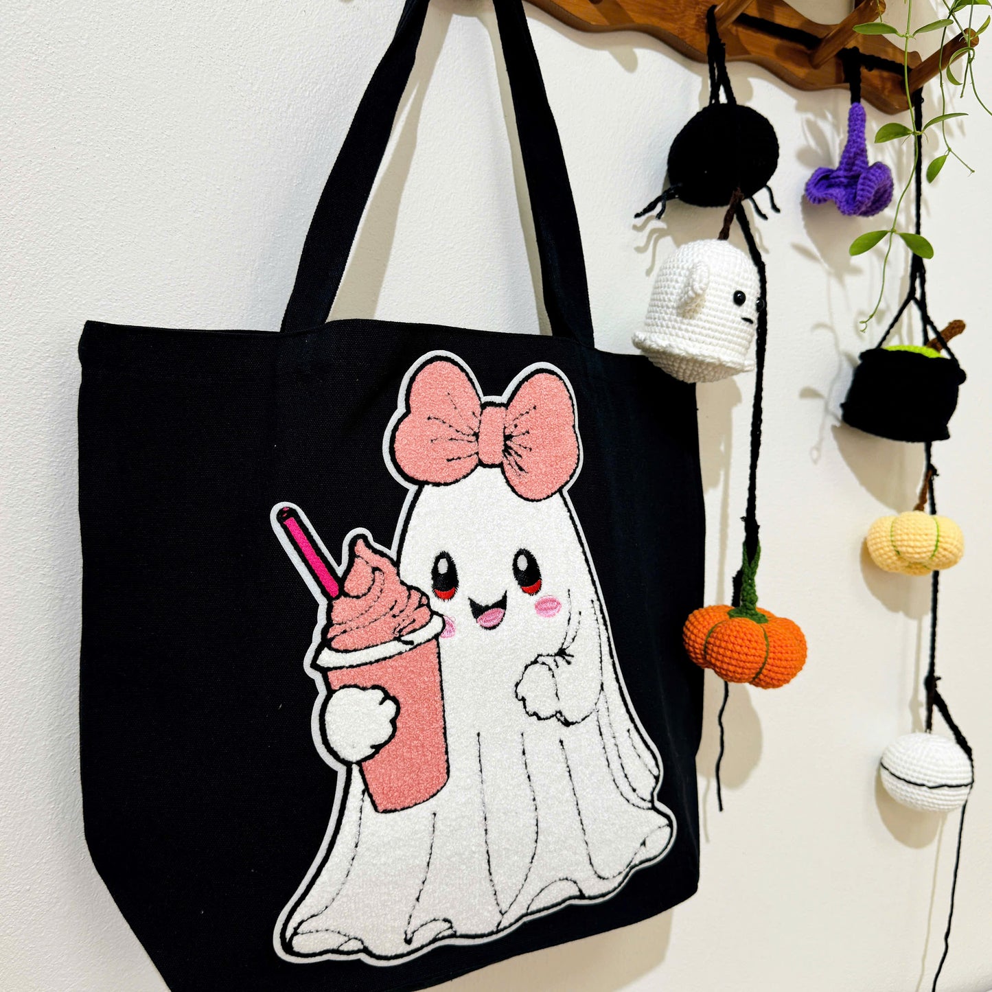 The Cute Ghost Halloween Embroidery Patch Tote Bag, Trick or Treat Totes, Halloween Bags, Spooky Season