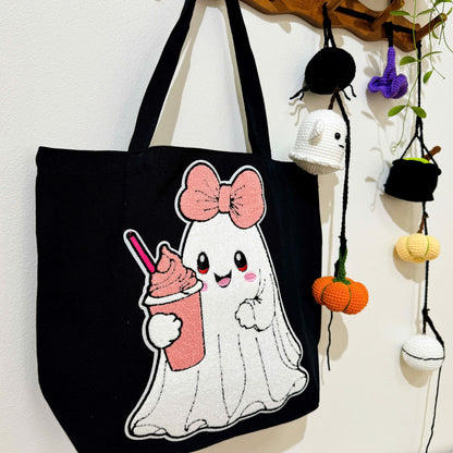 The Cute Ghost Halloween Embroidery Patch Tote Bag, Trick or Treat Totes, Halloween Bags, Spooky Season