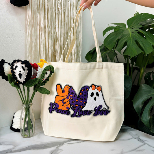 Peace Love Boo Halloween Embroidery Patch Tote Bag, Trick or Treat Totes, Halloween Bags, Spooky Season