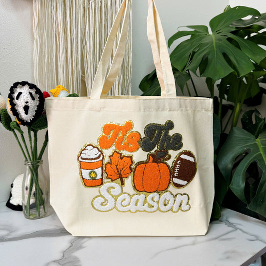 Tis The Season Halloween Embroidery Patch Tote Bag, Trick or Treat Totes, Halloween Bags, Spooky Season