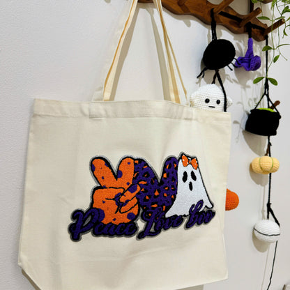 Peace Love Boo Halloween Embroidery Patch Tote Bag, Trick or Treat Totes, Halloween Bags, Spooky Season