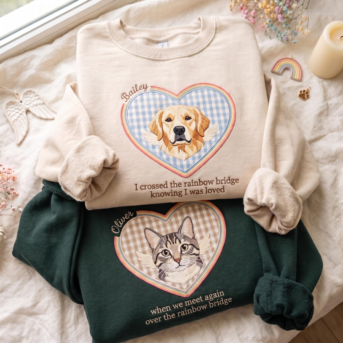 Custom Pet Memorial Embroidered Sweatshirt, Rainbow Bridge Dog Cat Portrait Crewneck
