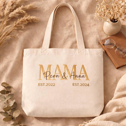 Personalized Mom & Kids Est Mother's Day Embroidered Tote Bag - Vintage Striped Beach Tote